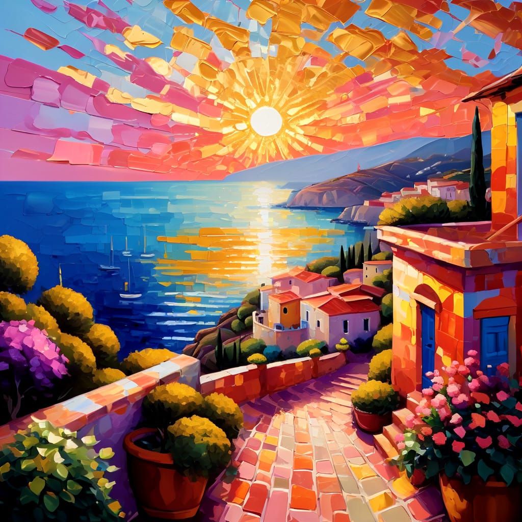 Vibrant Mediterranean Sunset in Neo-Impressionist Oil Painti...