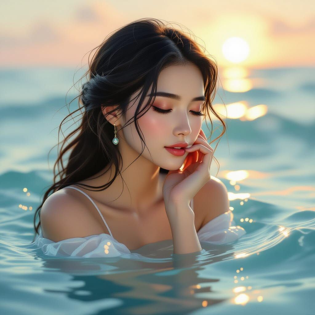 Contemplative Woman by the Sea, Contemporary Illustration