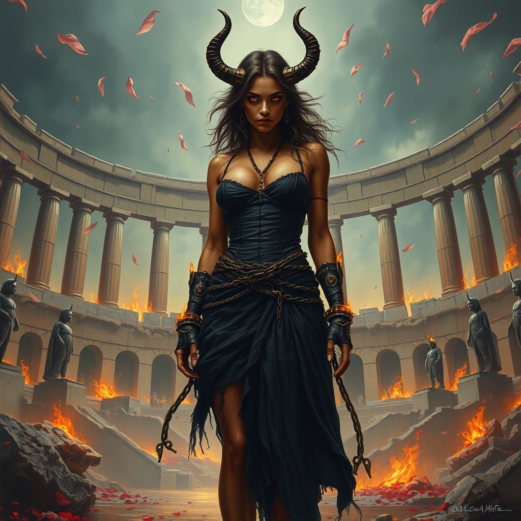 Gothic War-Priestess in Ruined Coliseum, Oil Painting