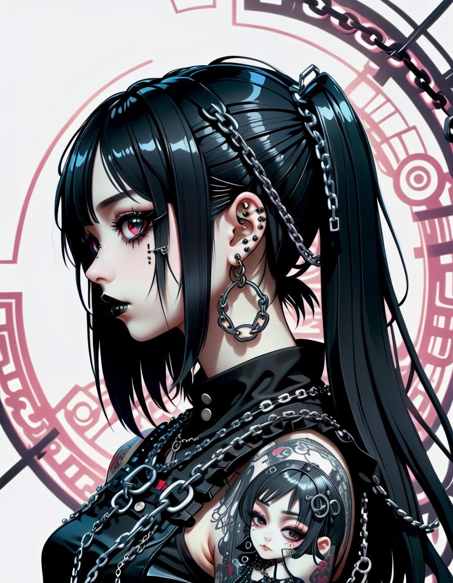 Gothic Lolita Chic with Intricate Piercings in Bold Line Art