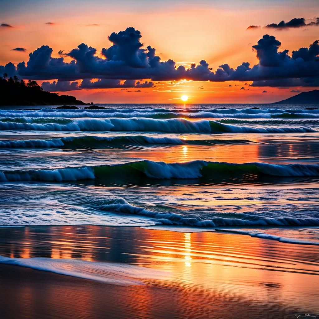Serene Beach Sunset with Gentle Waves