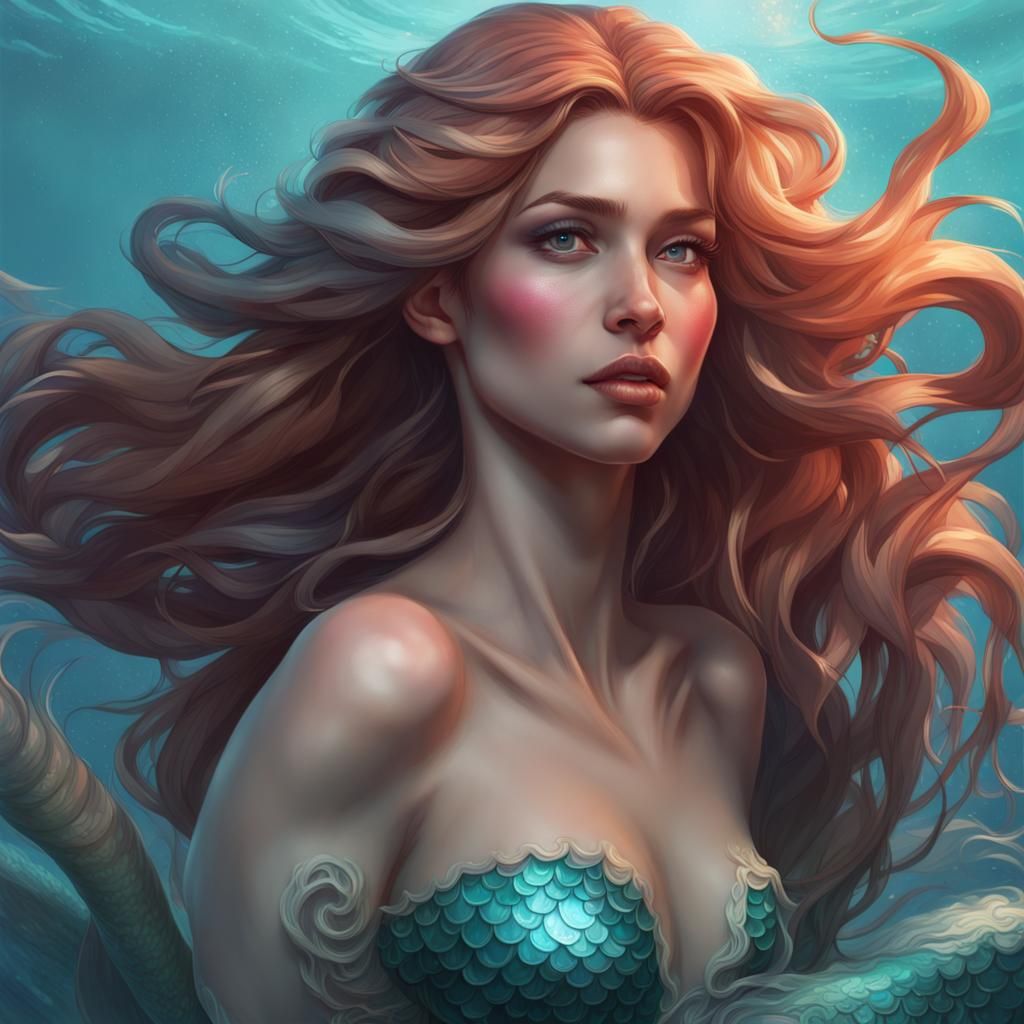 Hyperdetailed Mermaid Portrait in Art Nouveau Style