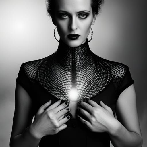 Biomechanical Priestess Portrait in Fog, Black and White