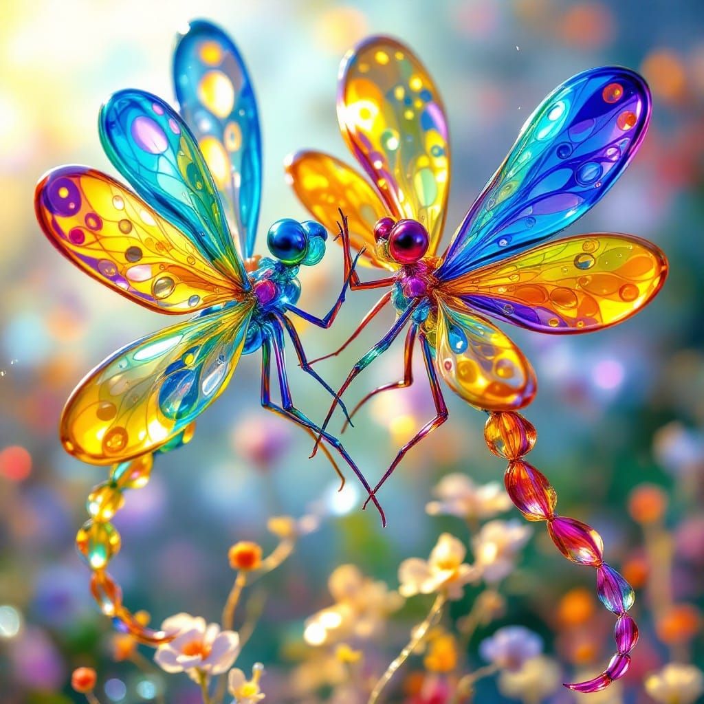 Delicate Dance of Iridescent Dragonflies in Glass