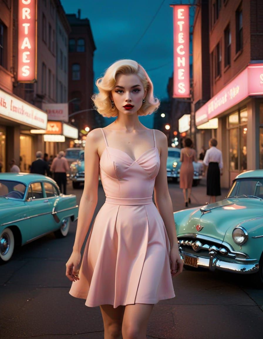 1950s Pin-Up Woman in Surreal Cityscape