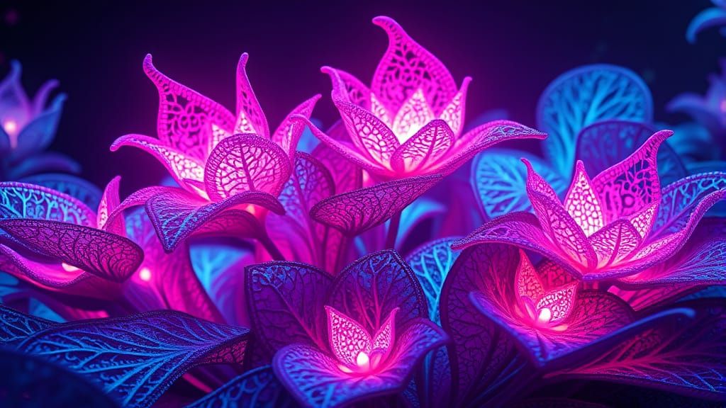 Neon Dreamscape Plant with Glowing Leaves and Blossoms