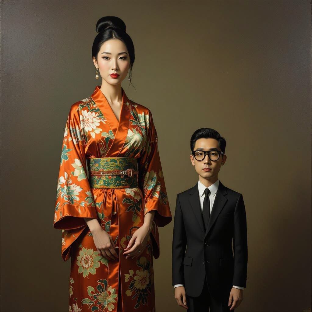 Giant Asian Woman and Tiny Man in Surreal Oil Painting