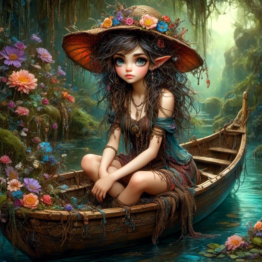 Anime Pixie Woman in Boat: Detailed Expressive Painting