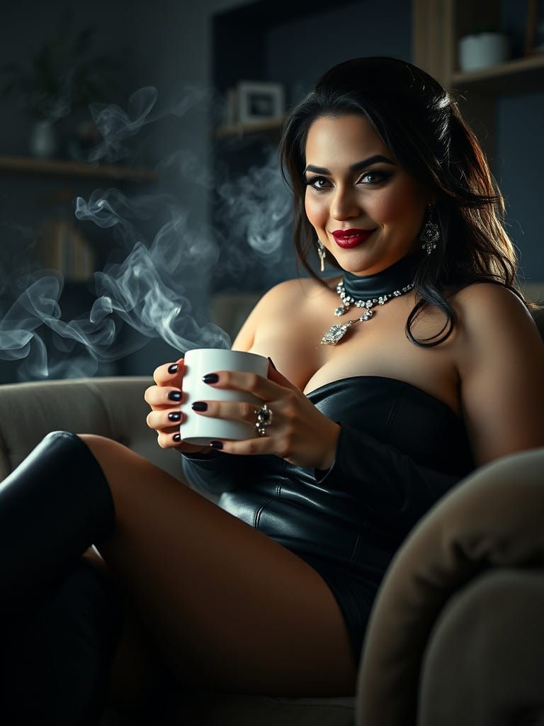 Gothic Woman in Leather Dress, Sipping Coffee in Dark Living...