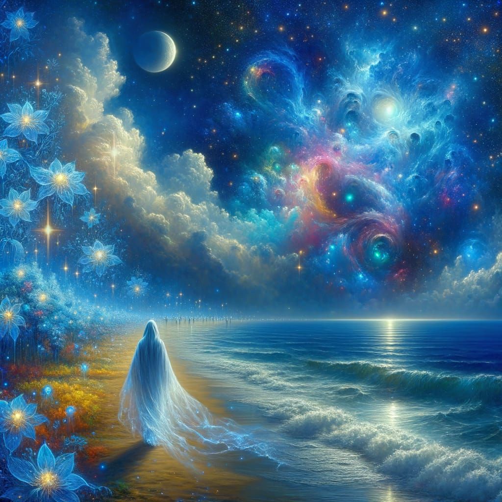 Ethereal Ghost on Moonlit Shore with Glowing Flowers