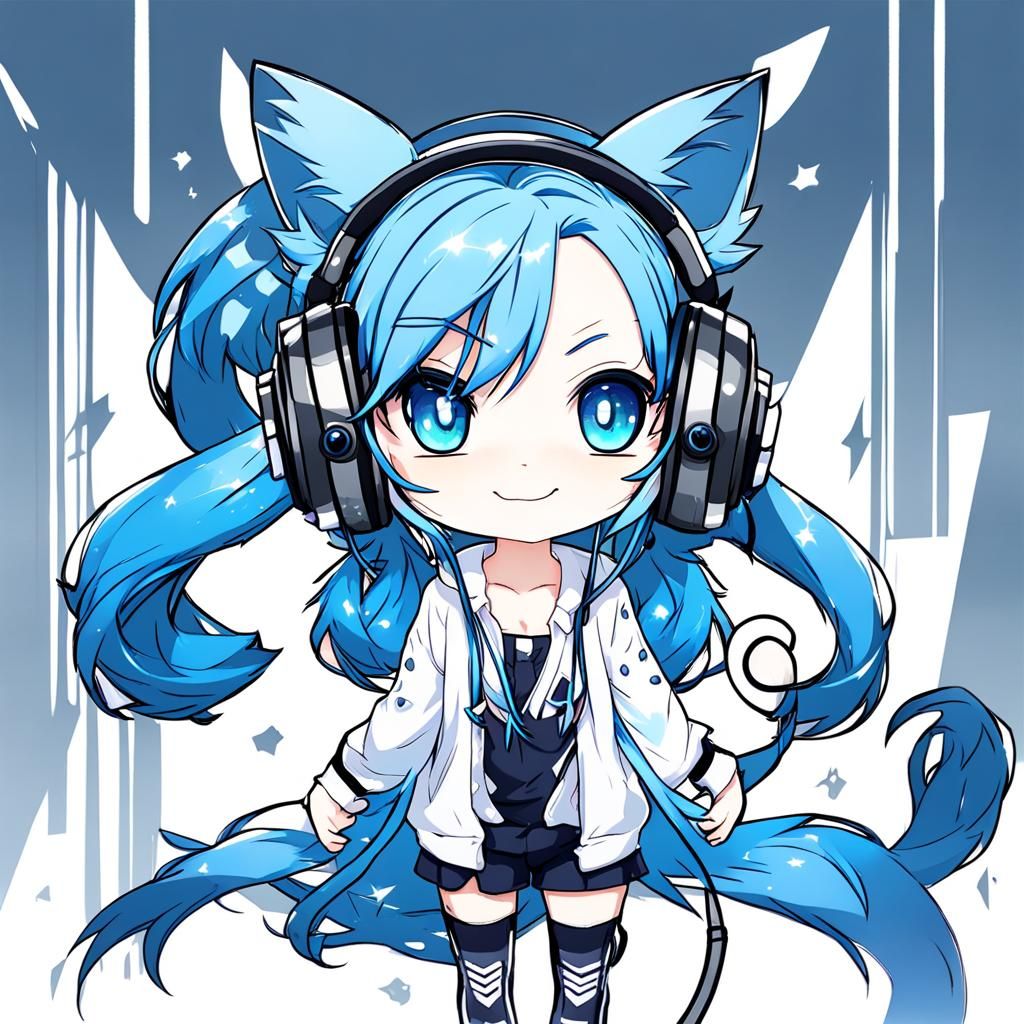 Smiling Chibi Girl with Blue Cat Headphones