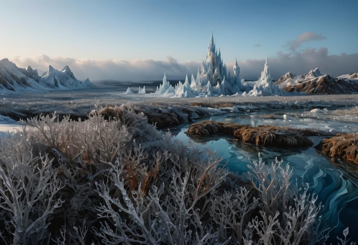Icy Blue Vortex in Crystalline Watercolor Landscape