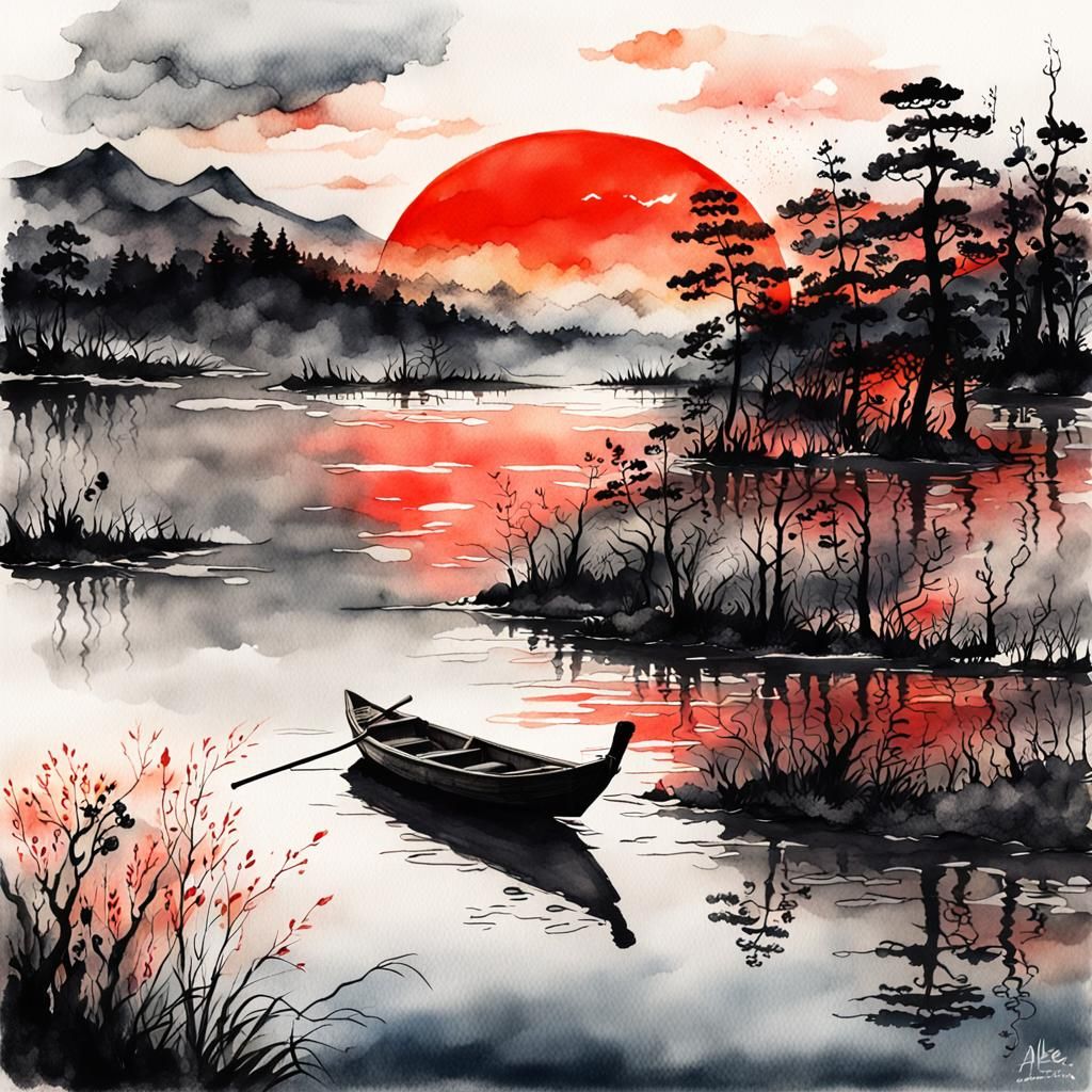 Lake Landscape with Setting Sun in Watercolor Style