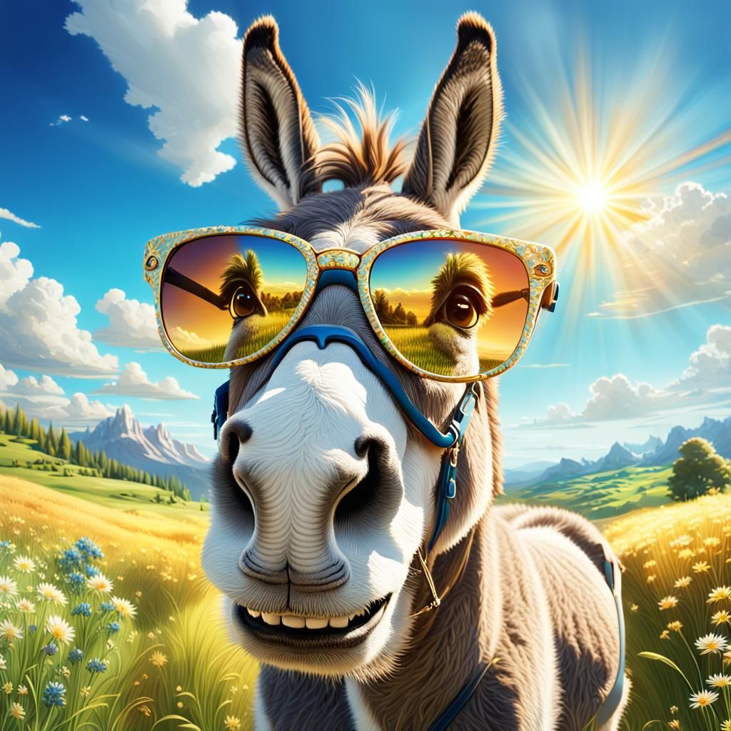 Smiling Donkey in Sunglasses, Vibrant Fantasy Art