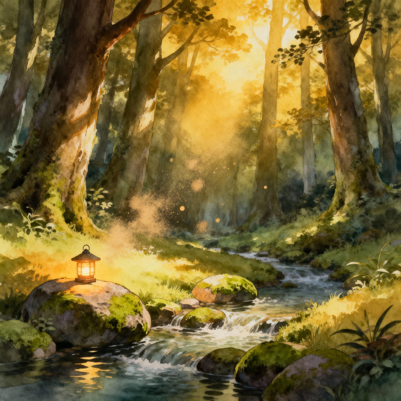 Sun-Dappled Forest Glade With Gentle Stream and Lantern