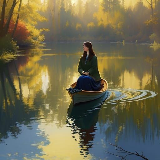 Young Woman Reflecting in Lake, Impressionist Oil Painting