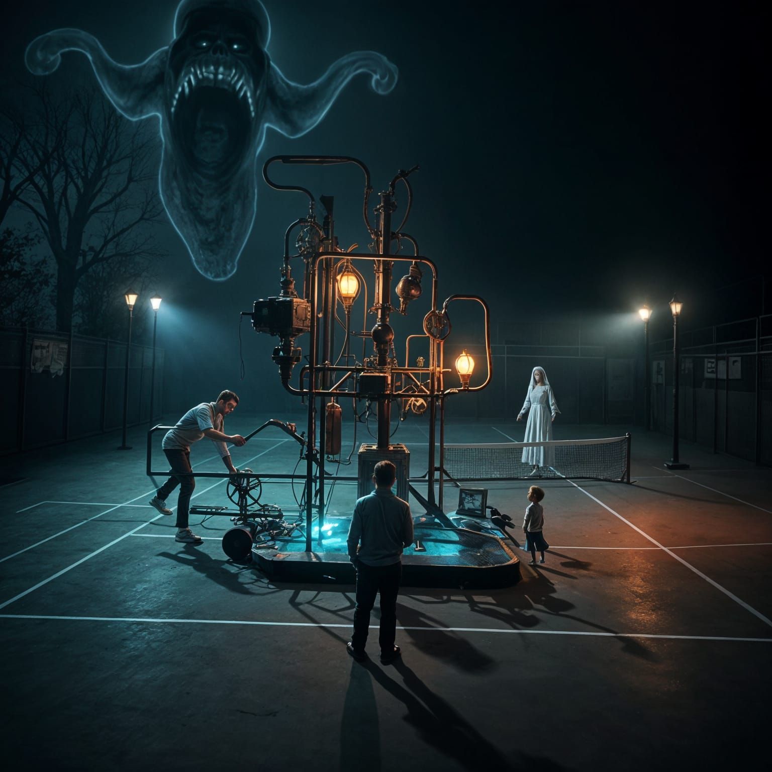 Ethereal Rube Goldberg Haunts Tennis Court in Dark, Cinemati...