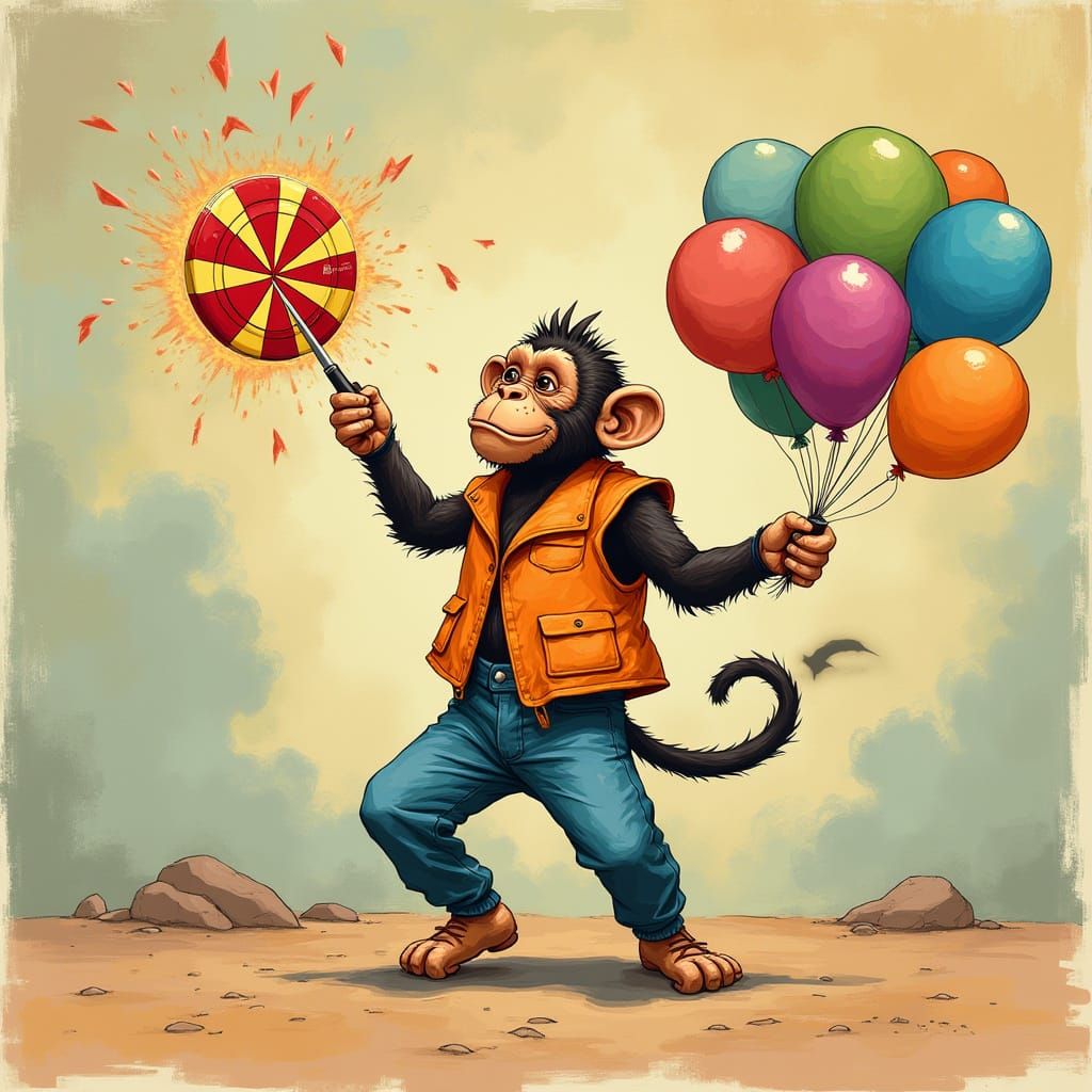 Mischievous Monkey Throws Darts at Whimsical Balloons