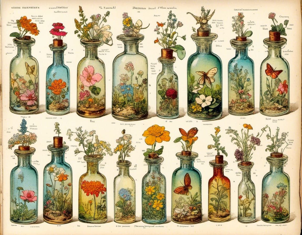 Vintage Glass Bottles with Fairies and Flowers