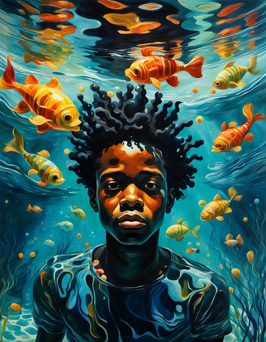 Underwater Scene: Boy Swimming in Chihuly Style