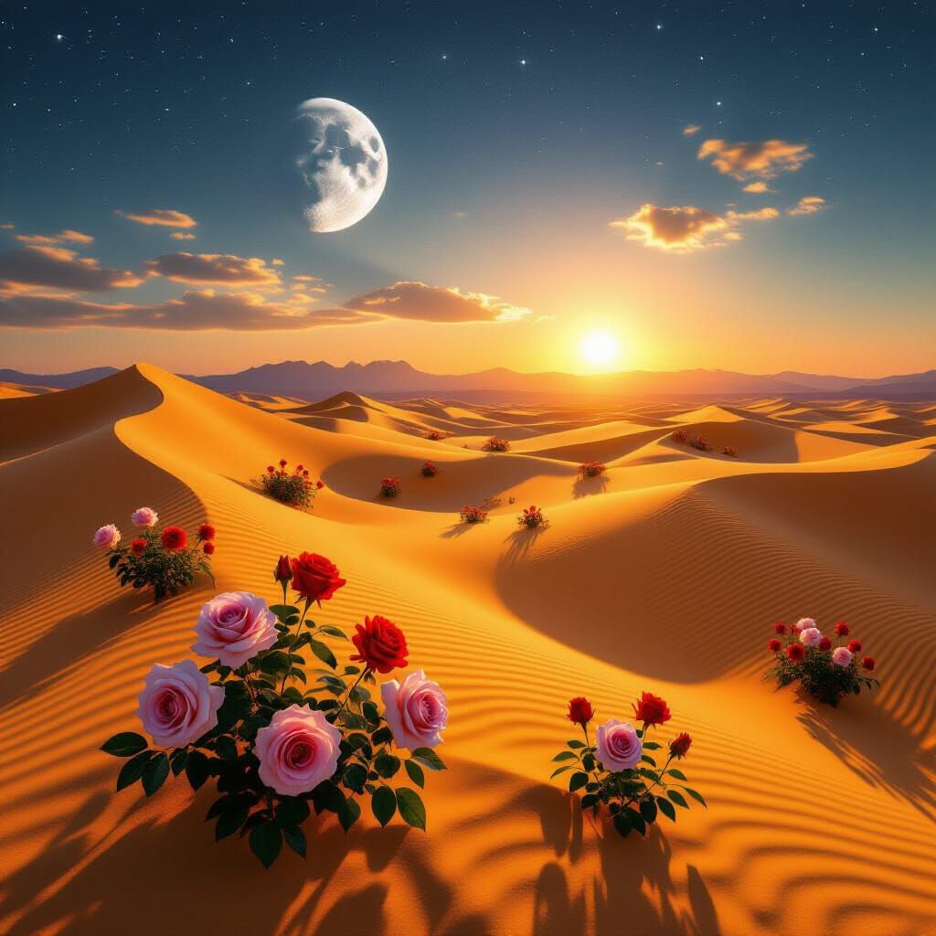 Surreal Desert With Blooming Roses And Dual Sky