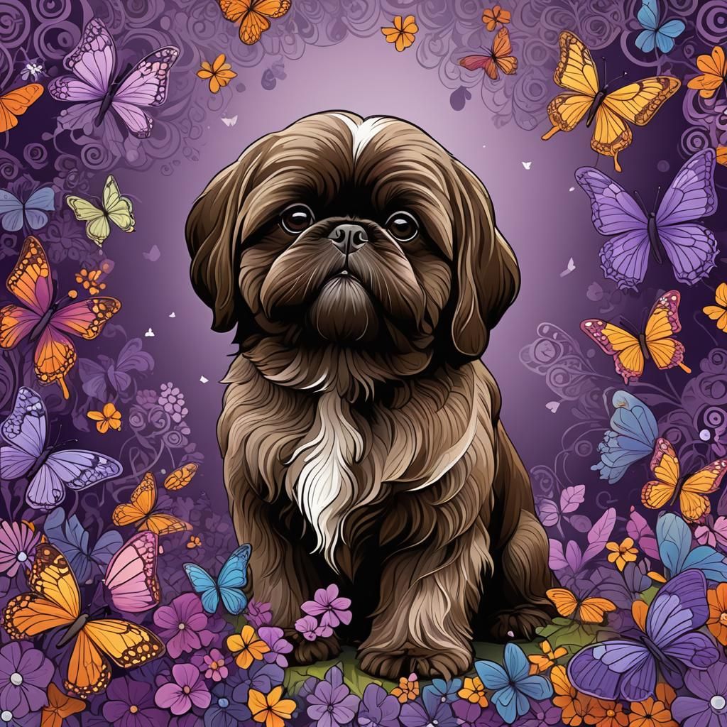 Shih Tzu with Purple Bow in Butterfly Garden