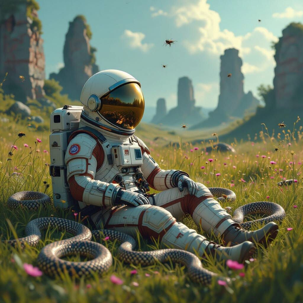 Astronaut Relaxing in Snake-Infested Ruins