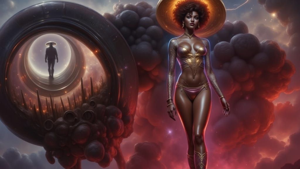 Pinup Girl in Neon Sunset with Monstrous Entity