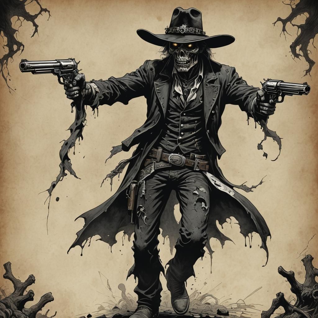 Zombie cowboy with a black cowboy hat , wielding two pistols. In the style of black and white. (extra limbs : weight-1.5...