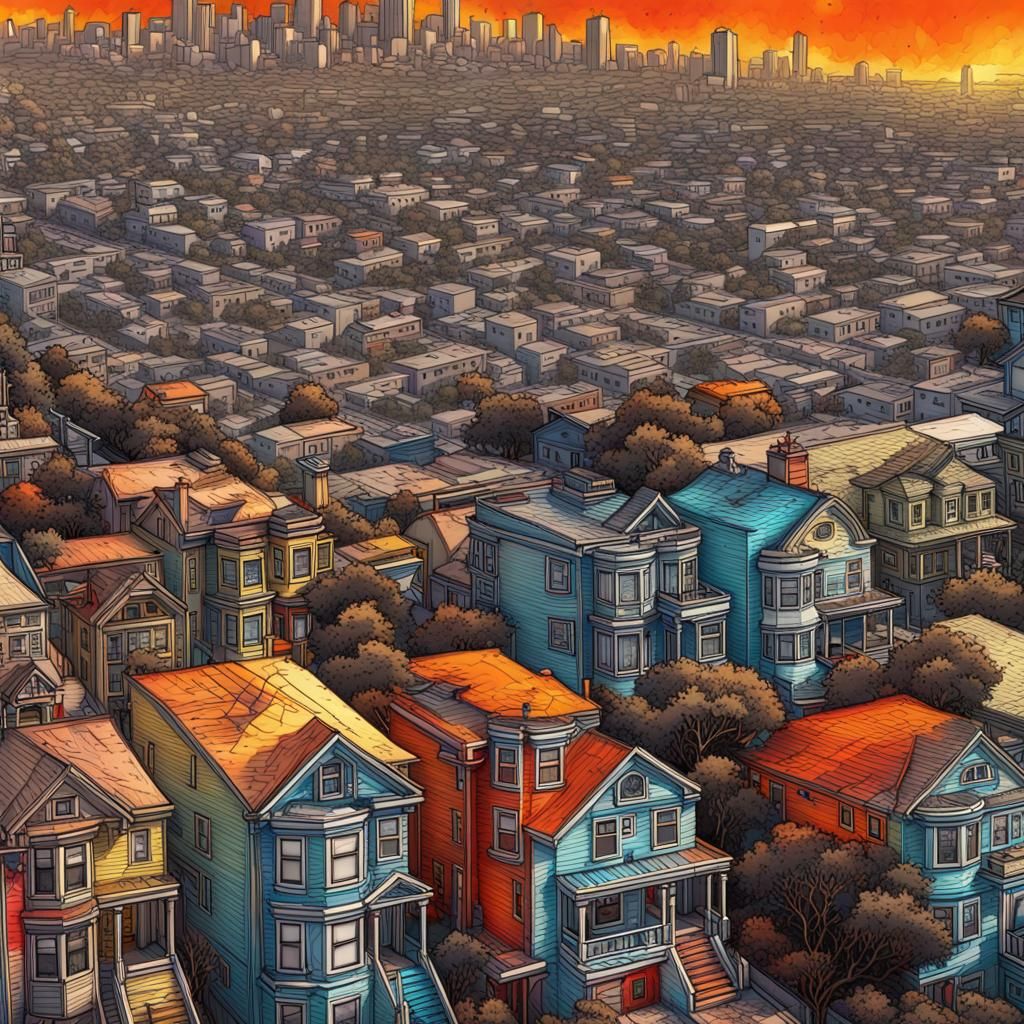 San Francisco Neighborhood in Fire and Ice Color Splash Art