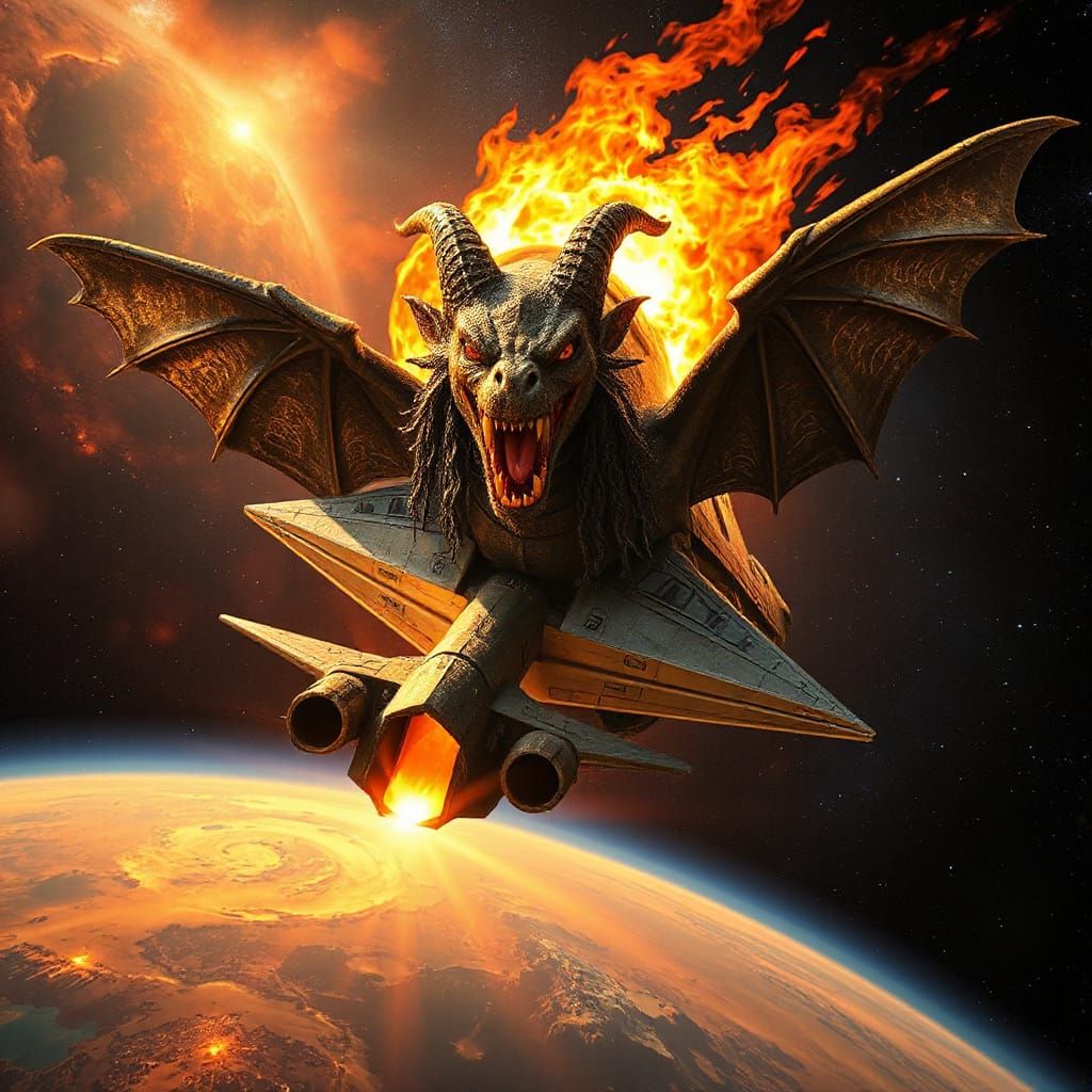 Hobbit Spaceship with Balrog Head in Galactic Scene