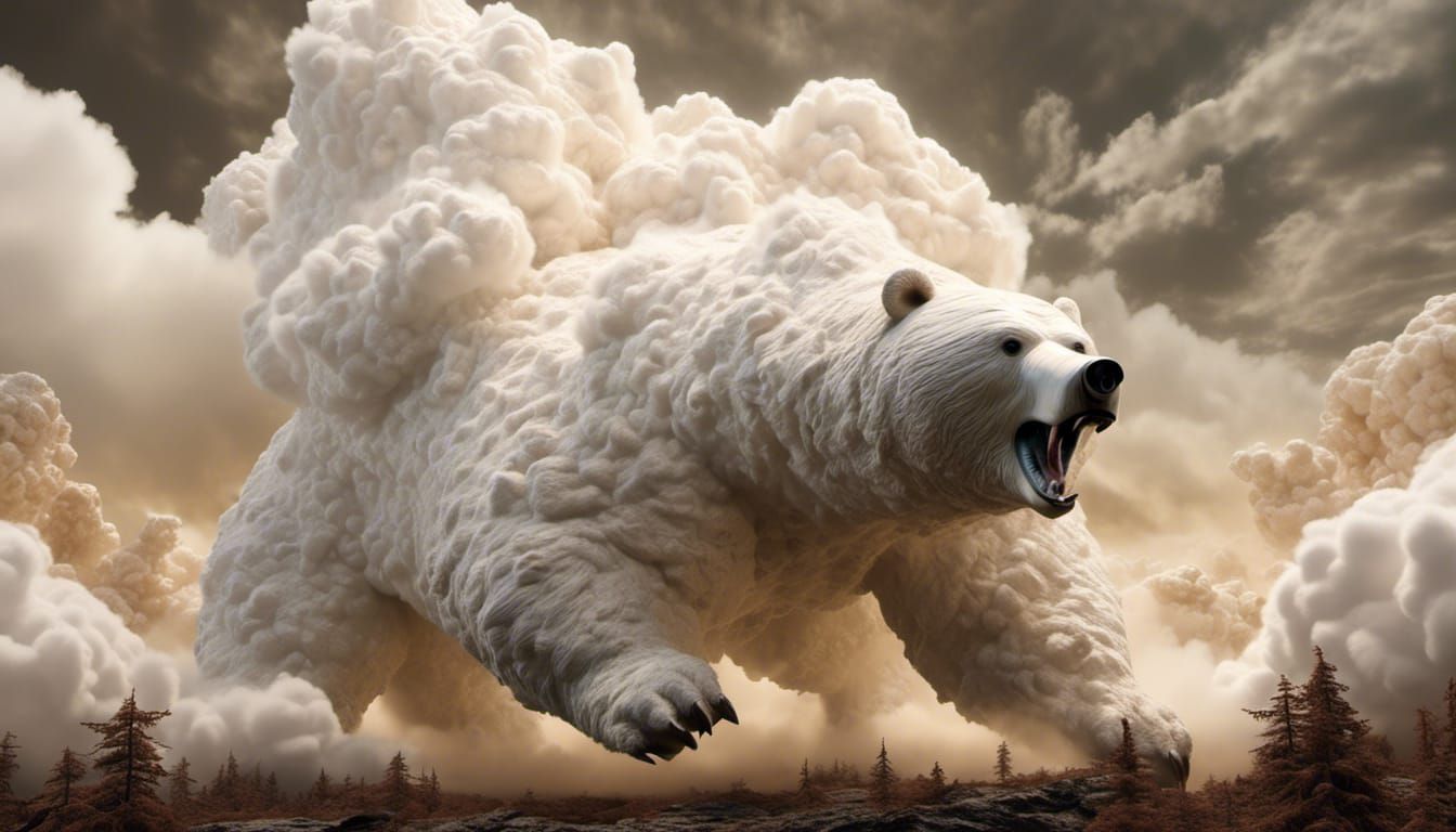 White Japanese Bear Emerges from Cloudscape