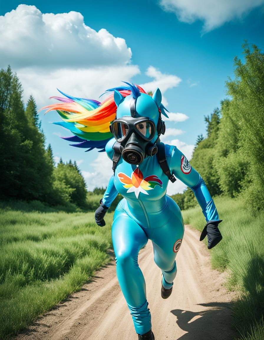 Human Rainbow Dash in Blue Latex Catsuit