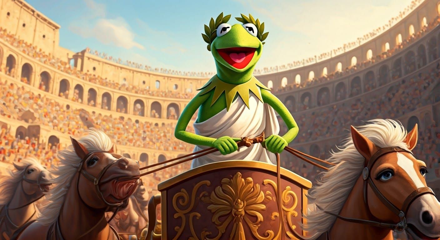 The Muppets, Kermit taking part in the chariot race from Ben Hur