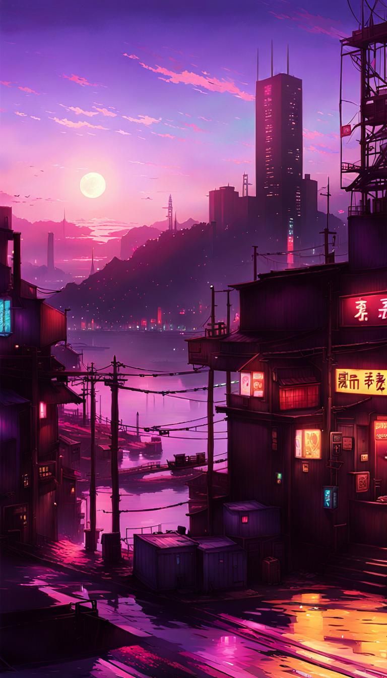 Cyberpunk Shore Town at Dusk: Anime-Inspired Neon Scenery
