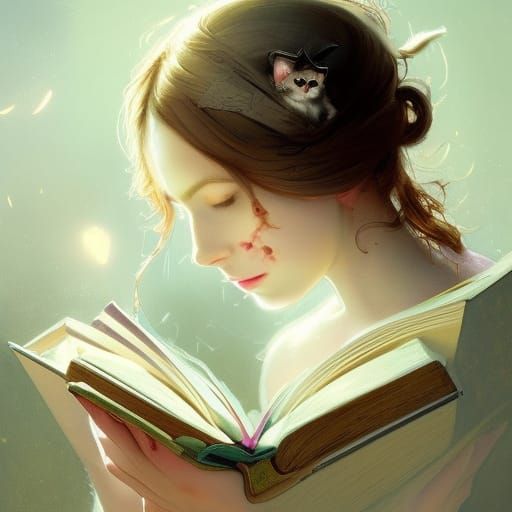 Ghost Kitten Reading Book: Detailed Digital Portrait