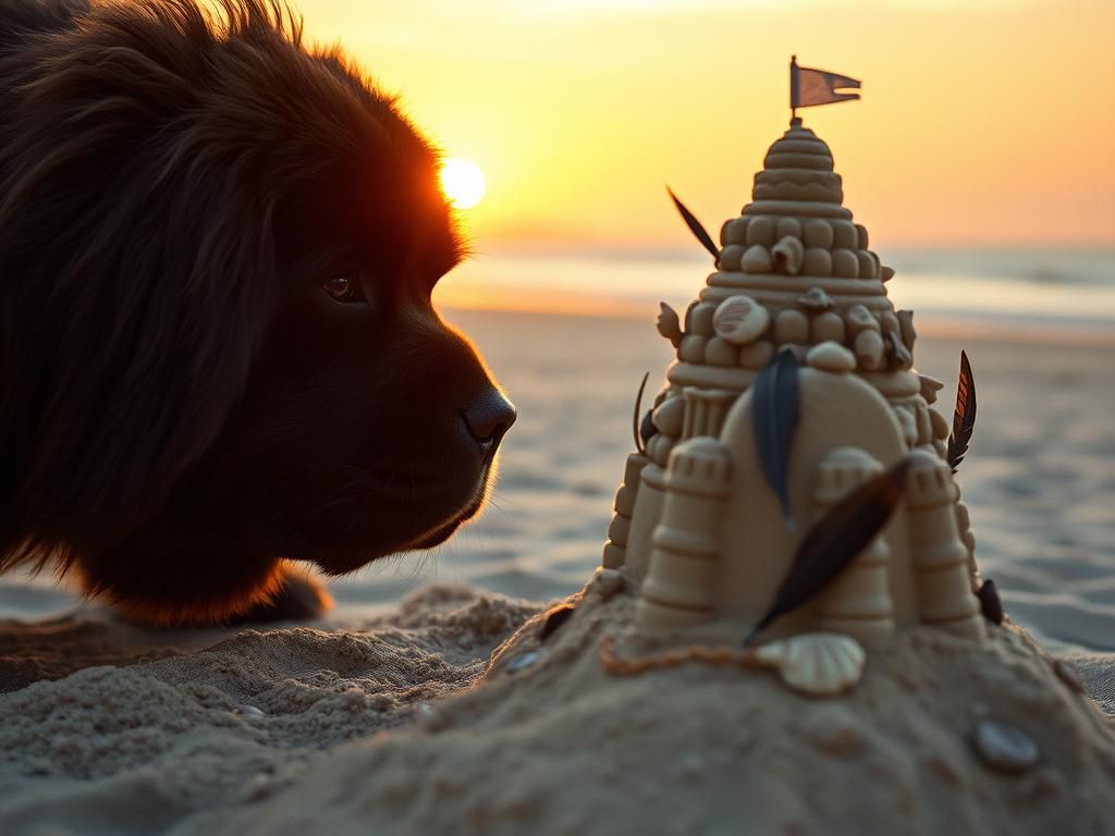 Newfoundland Dog and Intricate Sandcastle at Sunset