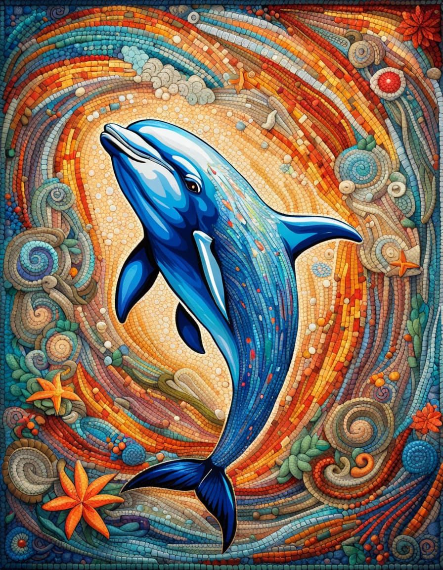 Mosaic Dolphin Leaping from Coral Wave, Digital Art