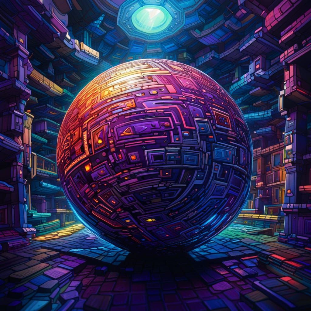 Hypnotic Multicolor Sphere Inside View in 8-bit Style