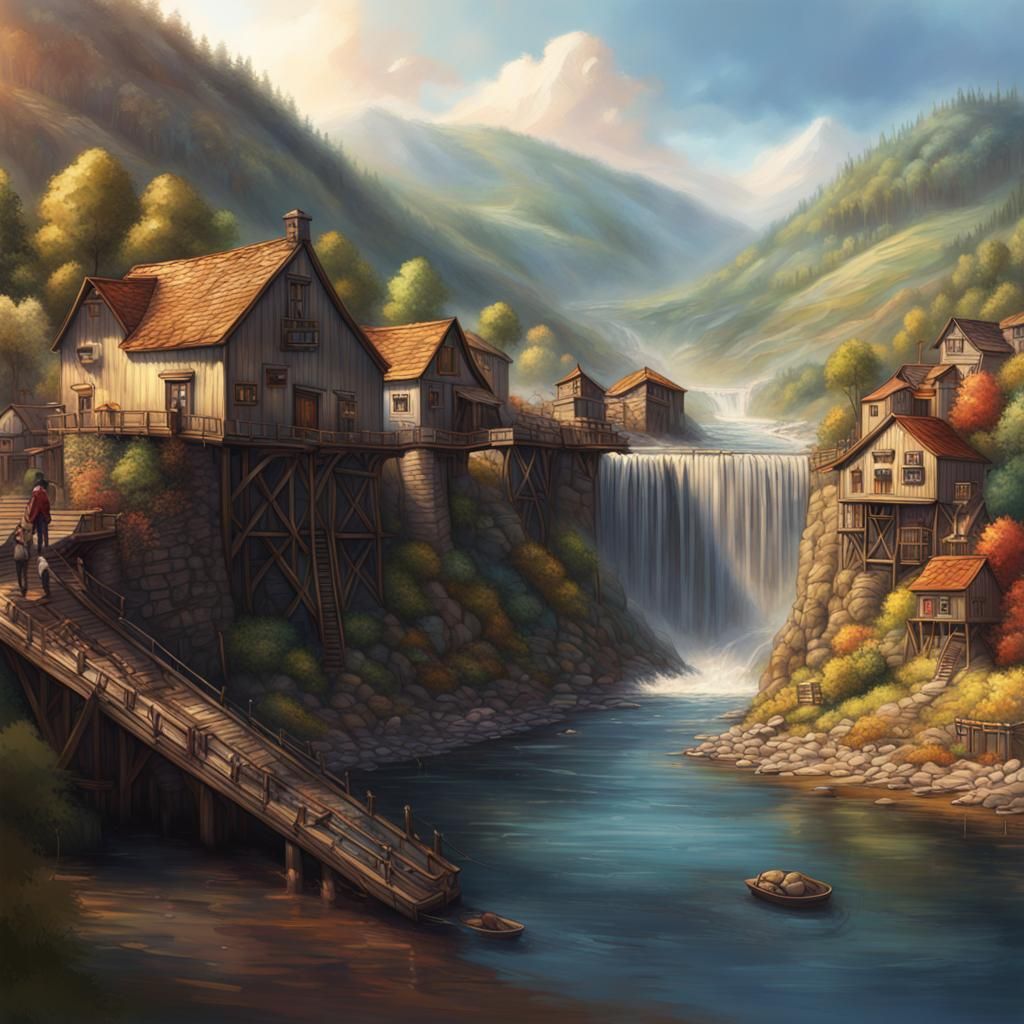 Hyperrealistic Village by the Dam: Detailed Concept Art