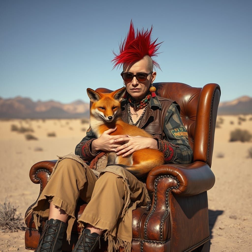 Punk Woman with Fox in Desert Landscape