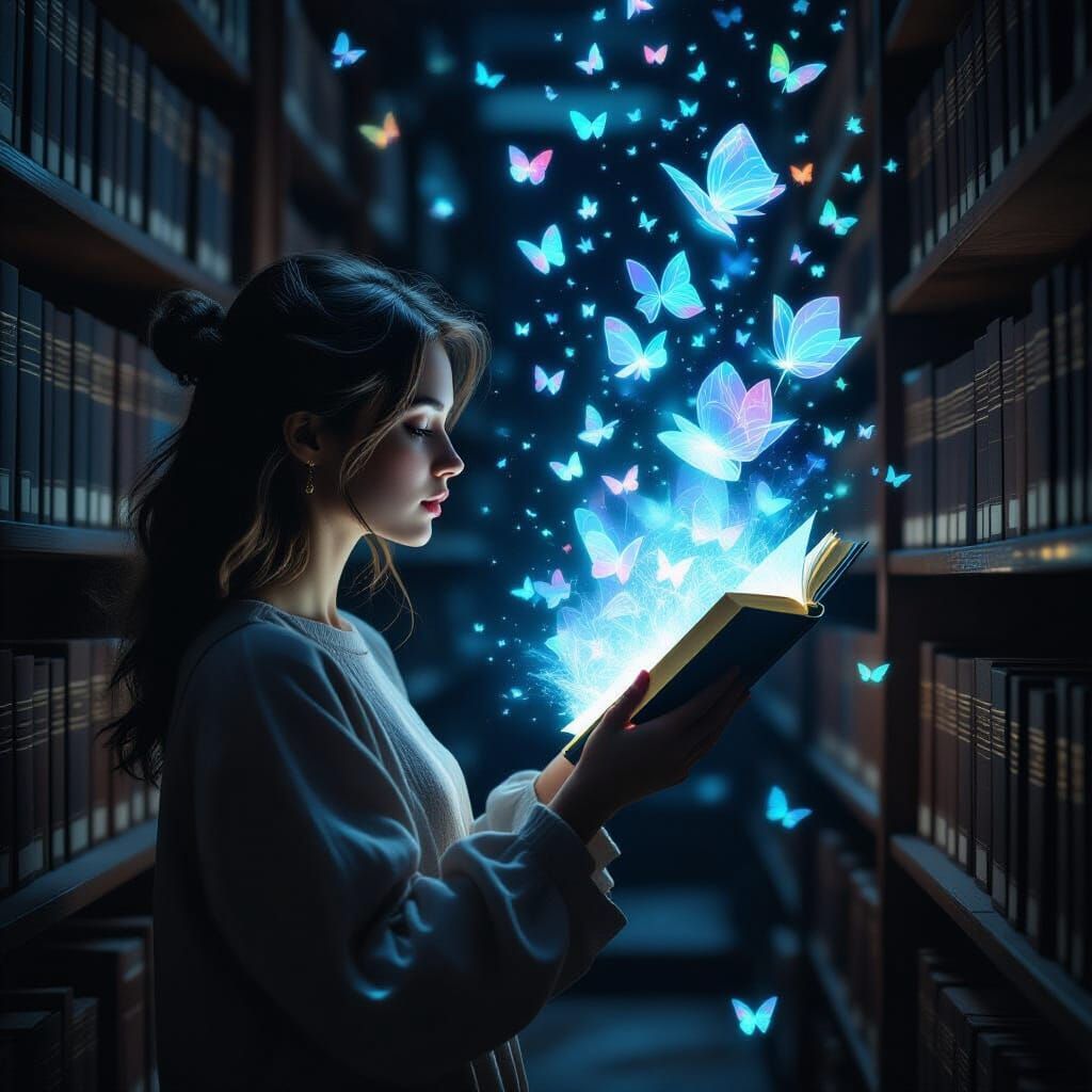 Woman Reaches for Floating Holographic Books in Dusty Librar...