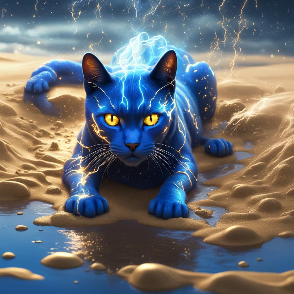 Surreal Blue Cat Melts in Gold Lightning