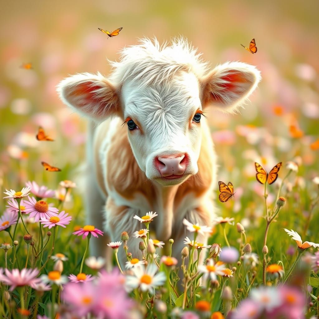 Fluffy Calf in Pastel Flower Field