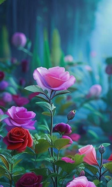 Hyperrealistic Rose Flowers in Fantasy Garden Painting