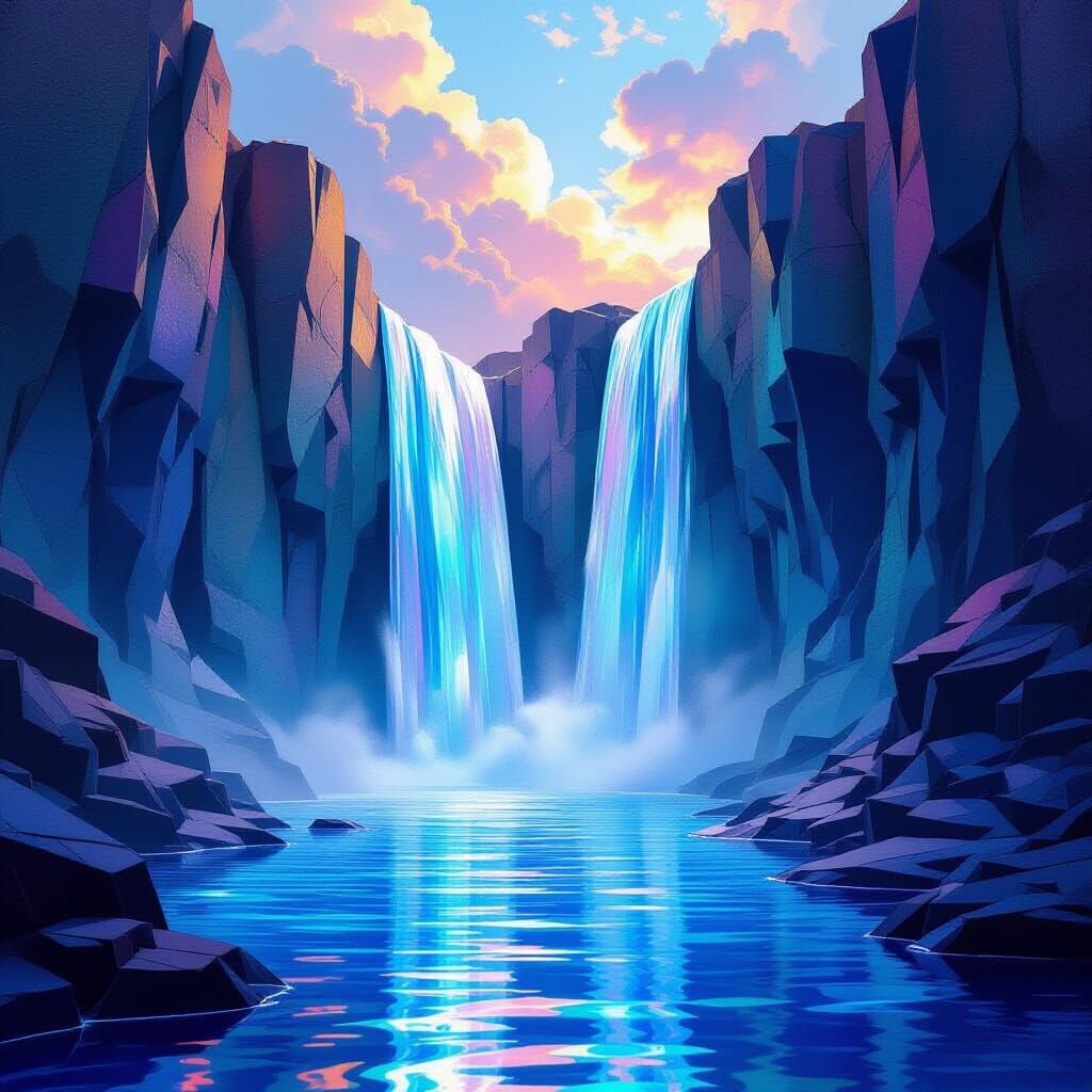 Futuristic Waterfall of Holographic Paper in Surreal Style