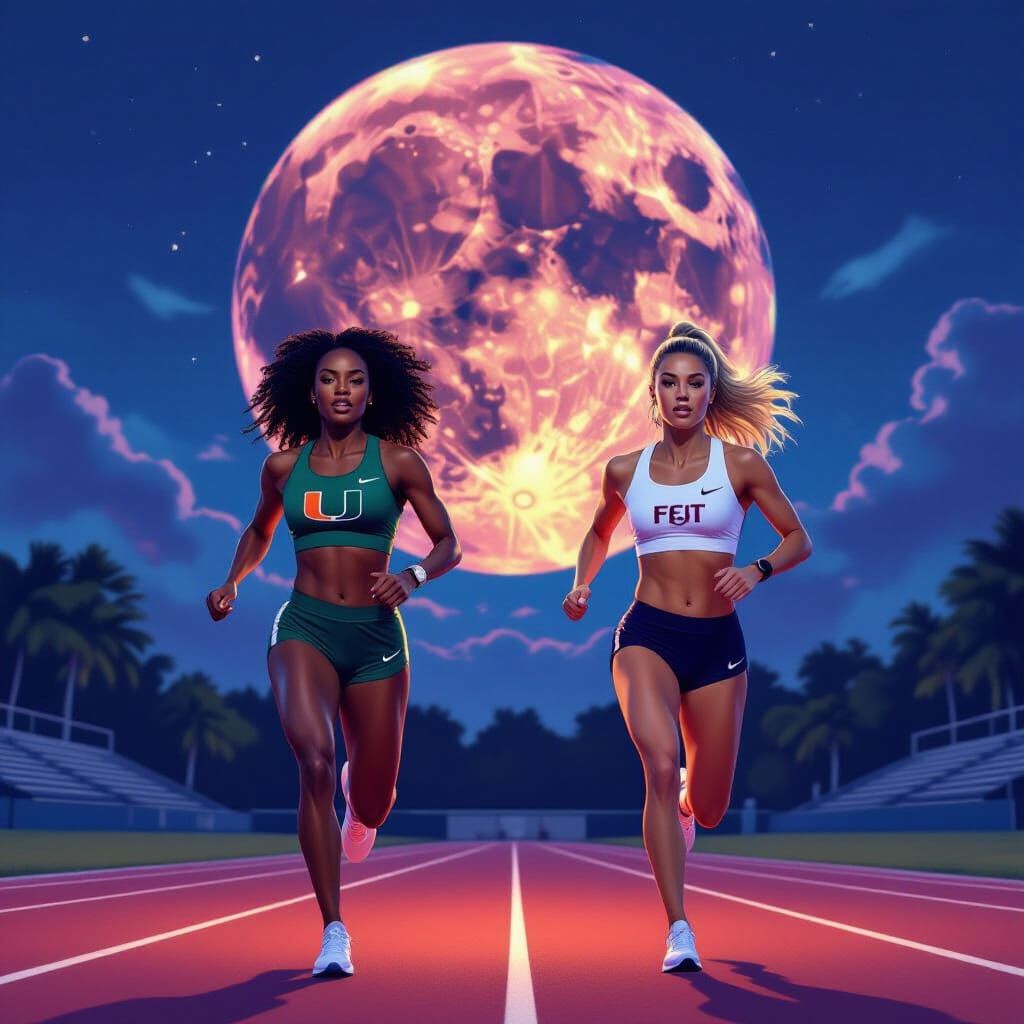 Runners Under Colorful Moon, Vibrant Digital Painting