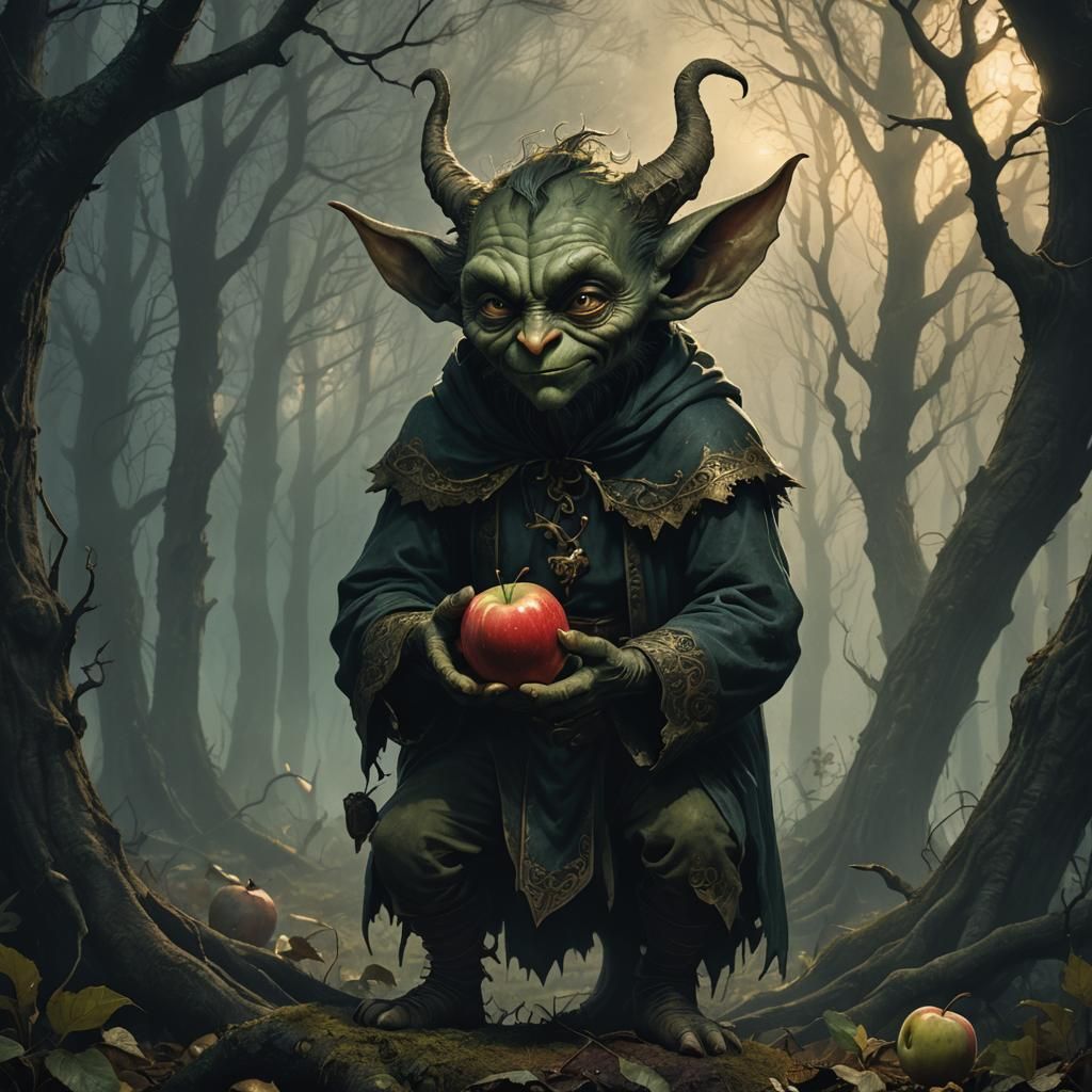 Ominous Imp Caressing Apple in Dark Forest