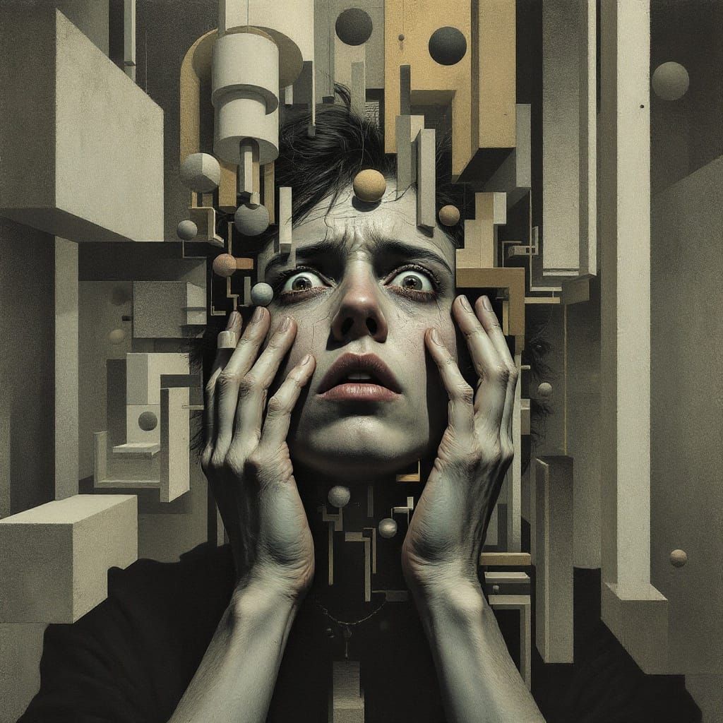 Surrealist Figure Lost in Geometric Labyrinth