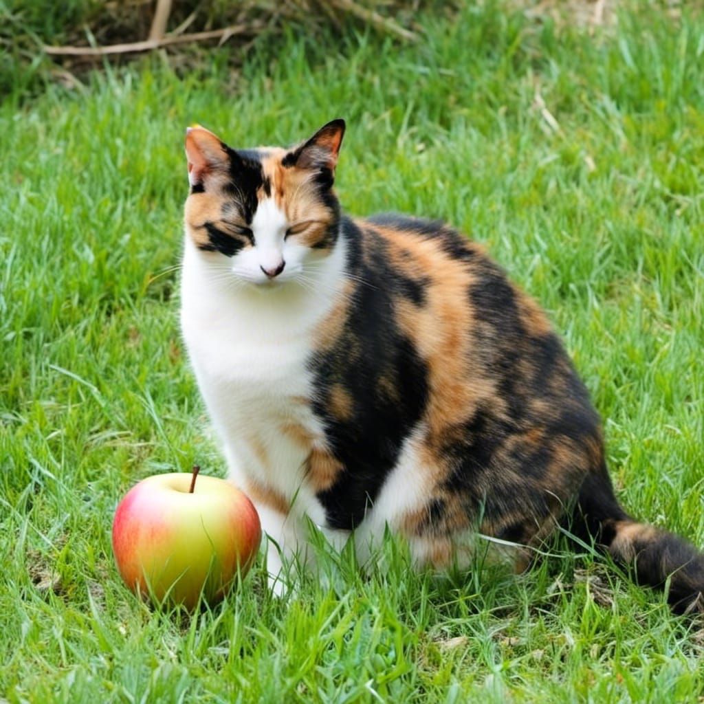 Cat and Rainbow Smoke Apple on Lawn